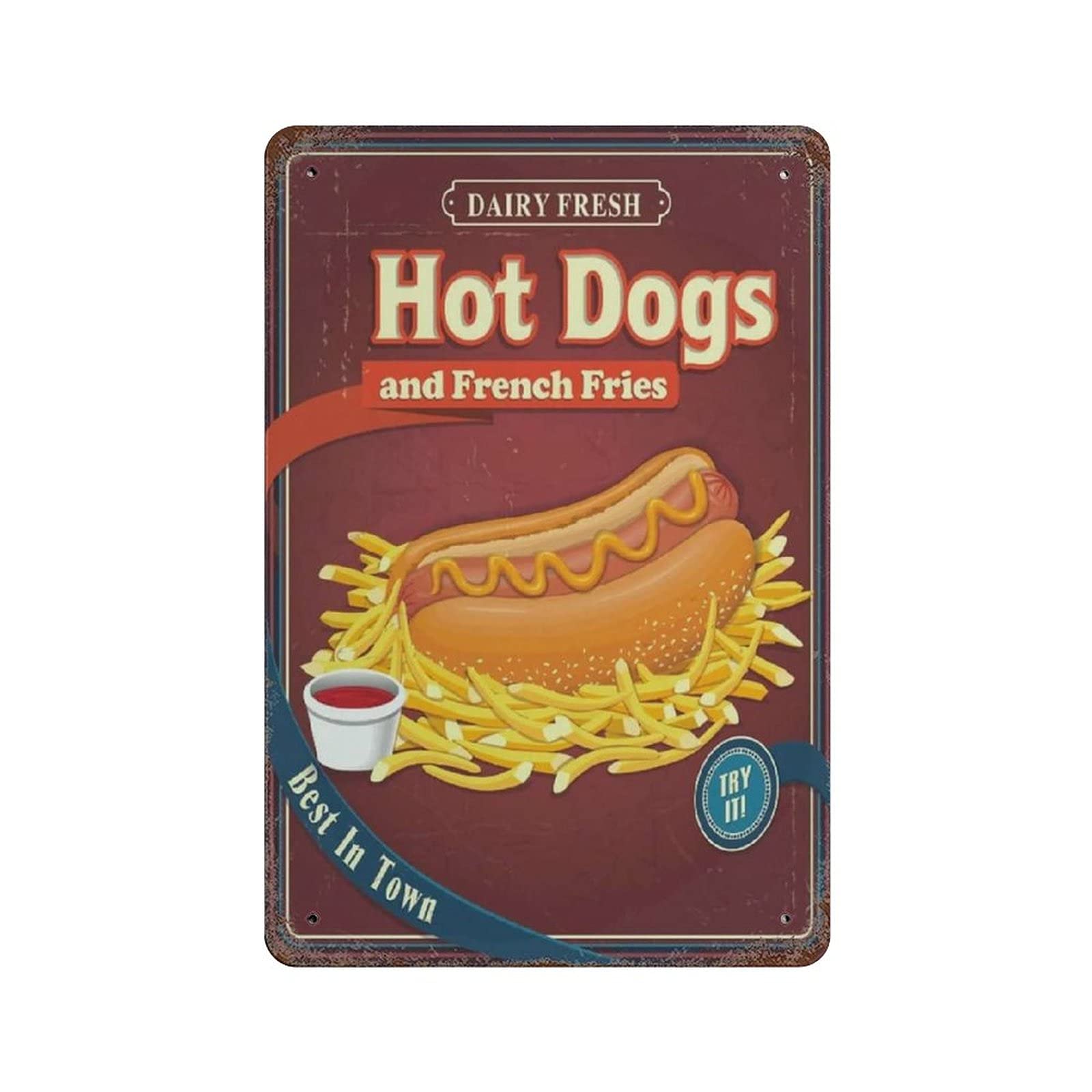 woodlogic Metal Tin Sign Hot Dog And French Fries Vintage Tin Poster Metal Sign Wall Decoration Country Kitchen Home Garage Decor 12"x8"