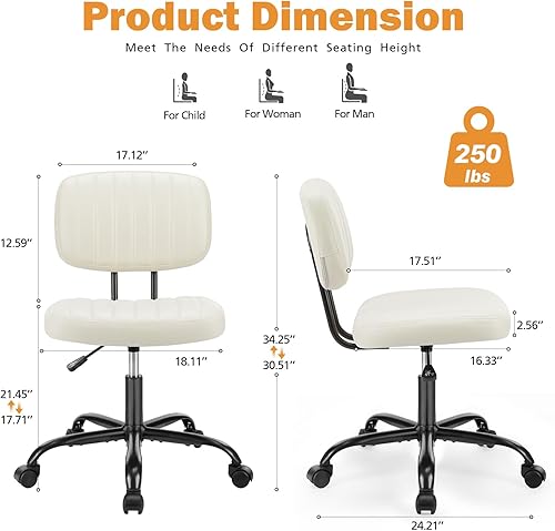 Miniatura 2 de Sweetcrispy Silla pequeña de escritorio de oficina, piel sintética sin brazos con cómodo soporte lumbar, altura ajustable para no tener brazos, para
