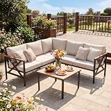 eslohnt Metal Gartenmöbel Set,6 Teiliges,L Form Outdoor Sofa mit Couchtisch und 10cm Olefin Schaumstoffkissen,Wetterfest Lounge für Garten,Terrasse,Pool,Unterhaltungssets bis 6 Personen,Beige