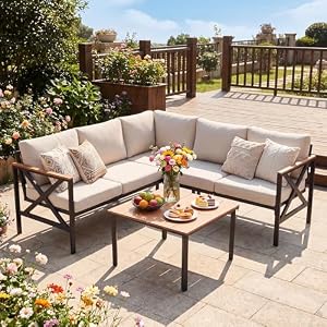 eslohnt Metal Gartenmöbel Set,6-Teiliges,L-Form Outdoor Sofa mit Couchtisch und 10cm Olefin-Schaumstoffkissen,We... Lounge für Garten,Terrasse,Pool,Unterh... bis 6 Personen,Beige