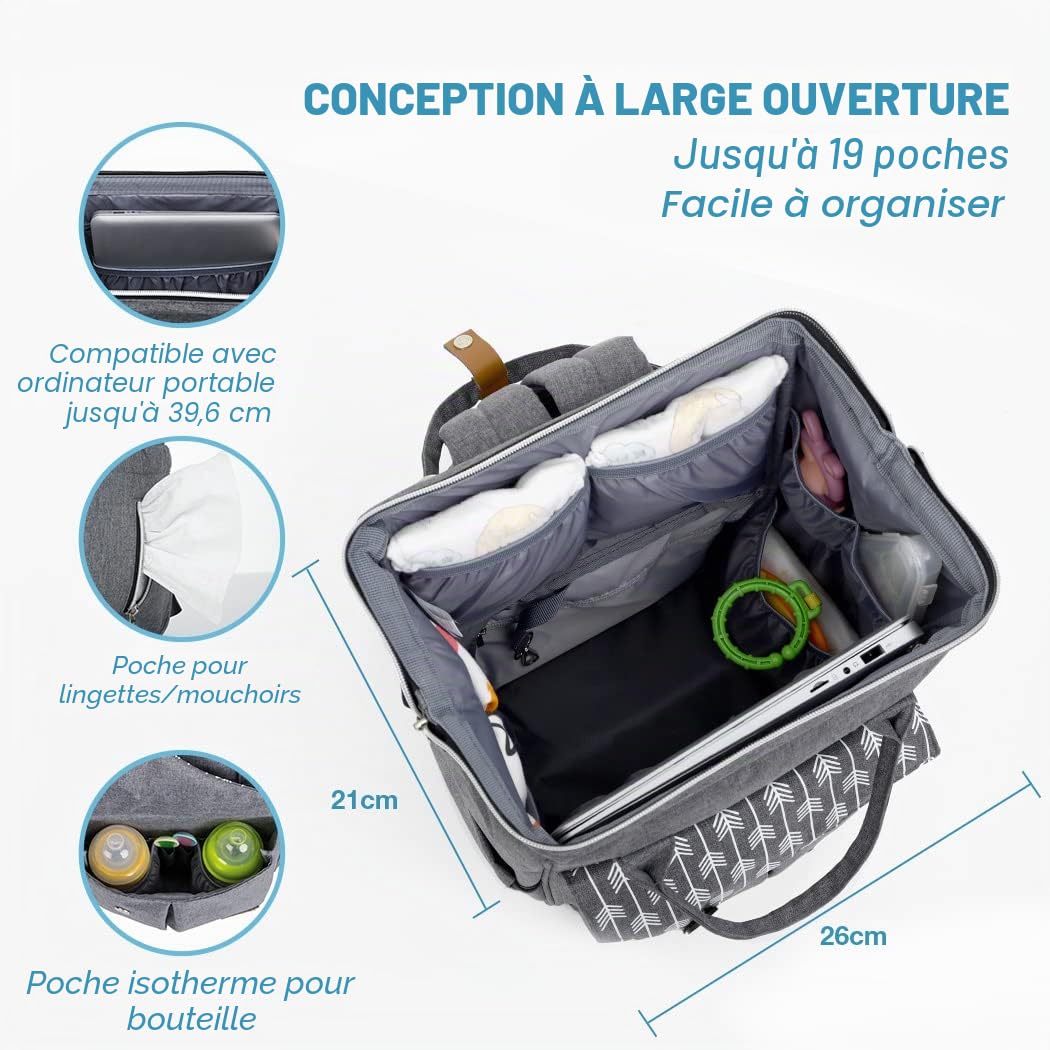 Lekebaby Sac à langer à porter comme un sac à dos avec matelas à langer Motifs flèches Gris