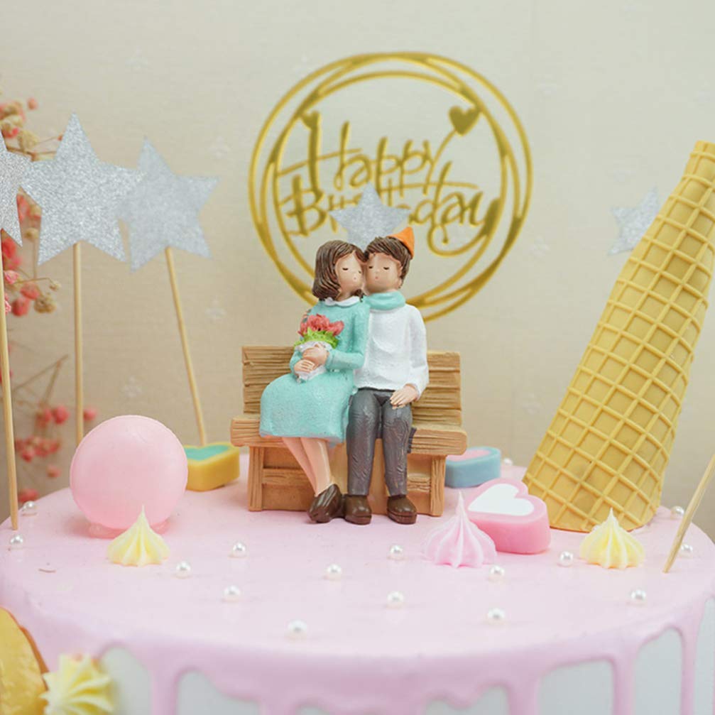 Résine Couple Cake Topper Miniature Couple Figurines Amant sur Banc Statue Figure Fée Jardin Ornement pour Dollhouse Micro Paysage Bonsaï Décor