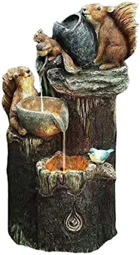 Solar powered water feature indoor/outdoor squirrel sculpture water fountain statue garden water fountain with LED lights squirrel shape pool waterfall decoration, 30 * 18cm