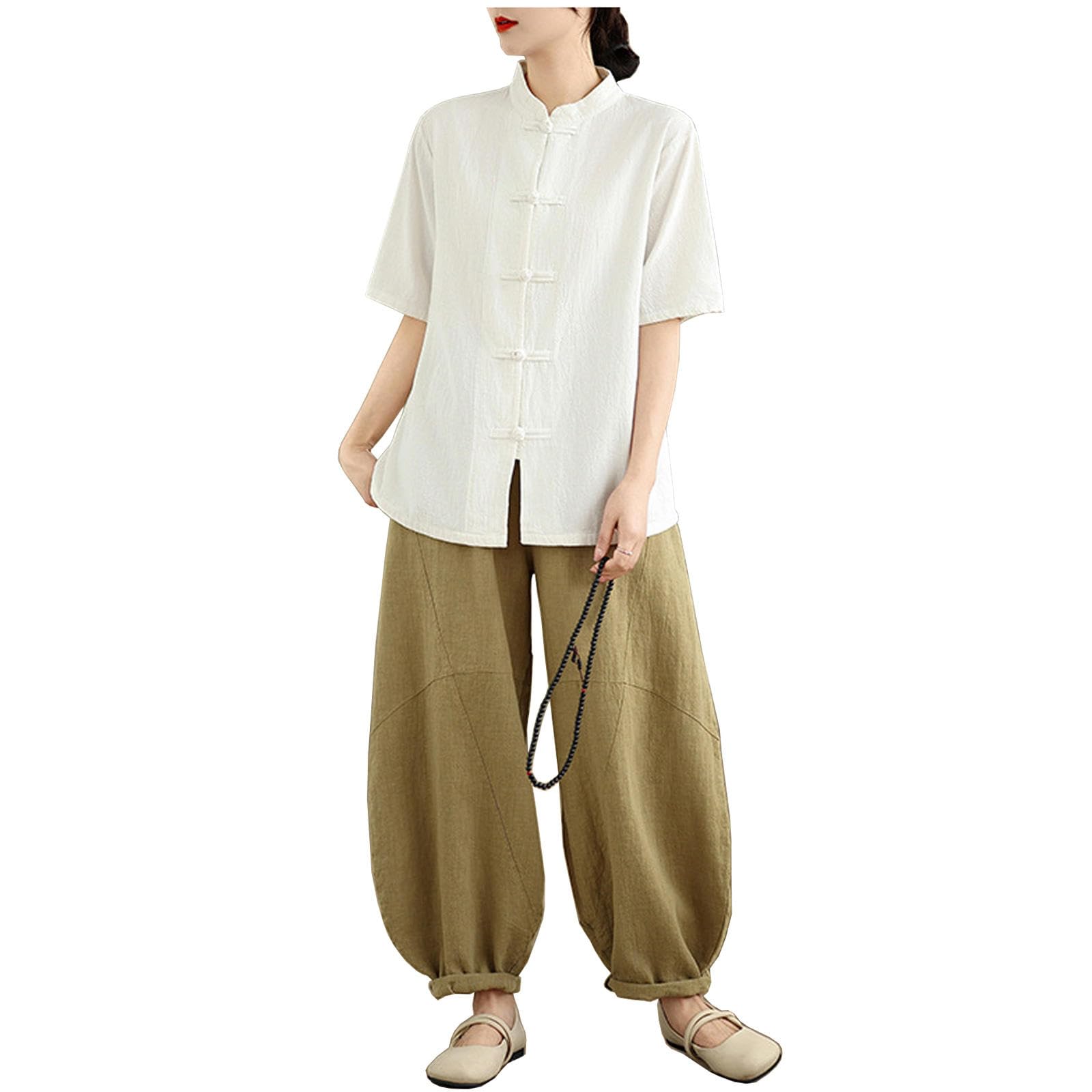 Tai Chi Uniform Damen Kung Fu Anzug Baumwolle und Leinen Kampfkunst Kleidung Mittellange Ärmel Zen Meditation,White-L