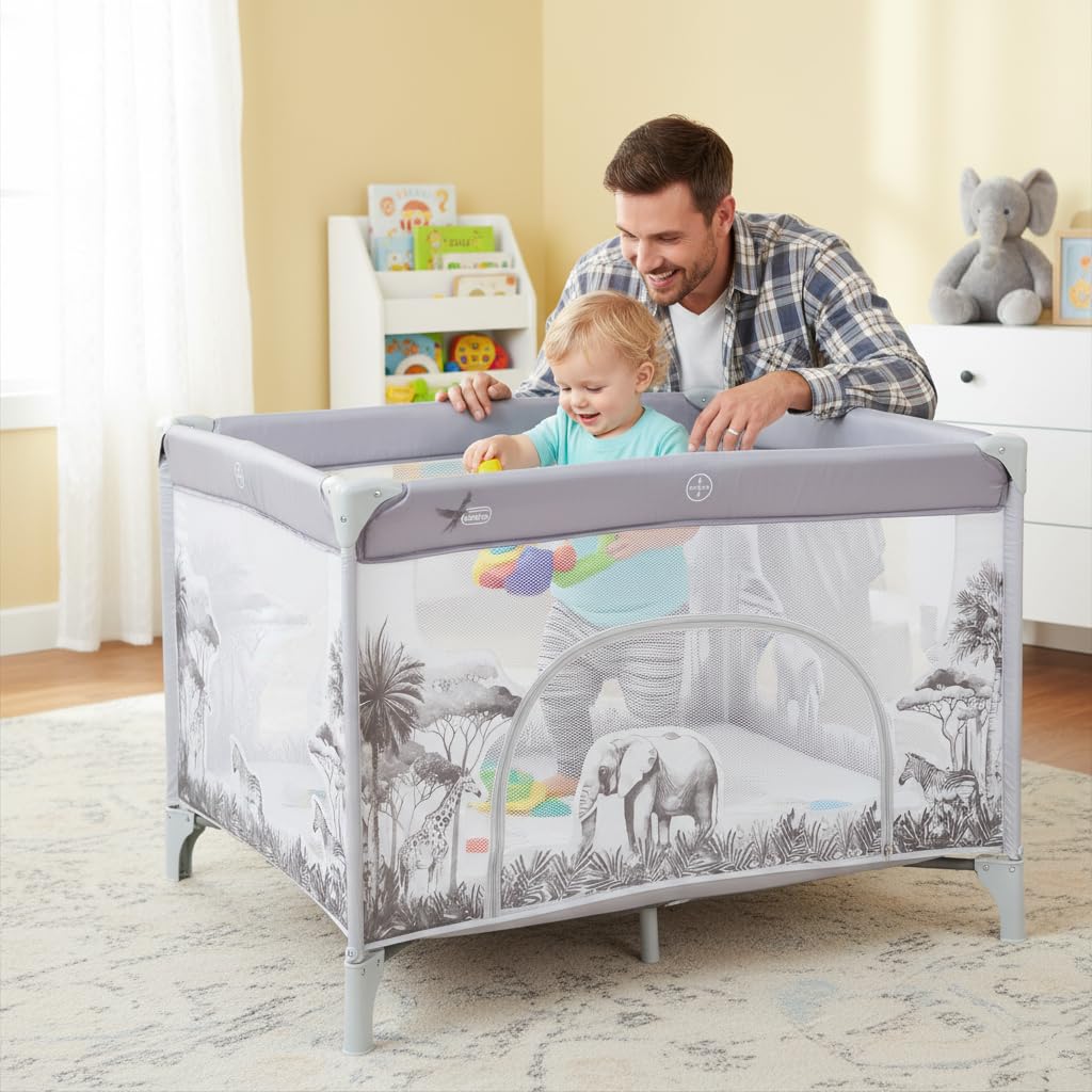 Asalvo SQUARE Parc pour bébé carré et pliable 93 x 93 cm, parc de jeux pour bébé, base rembourrée et sac de transport, jungle grise