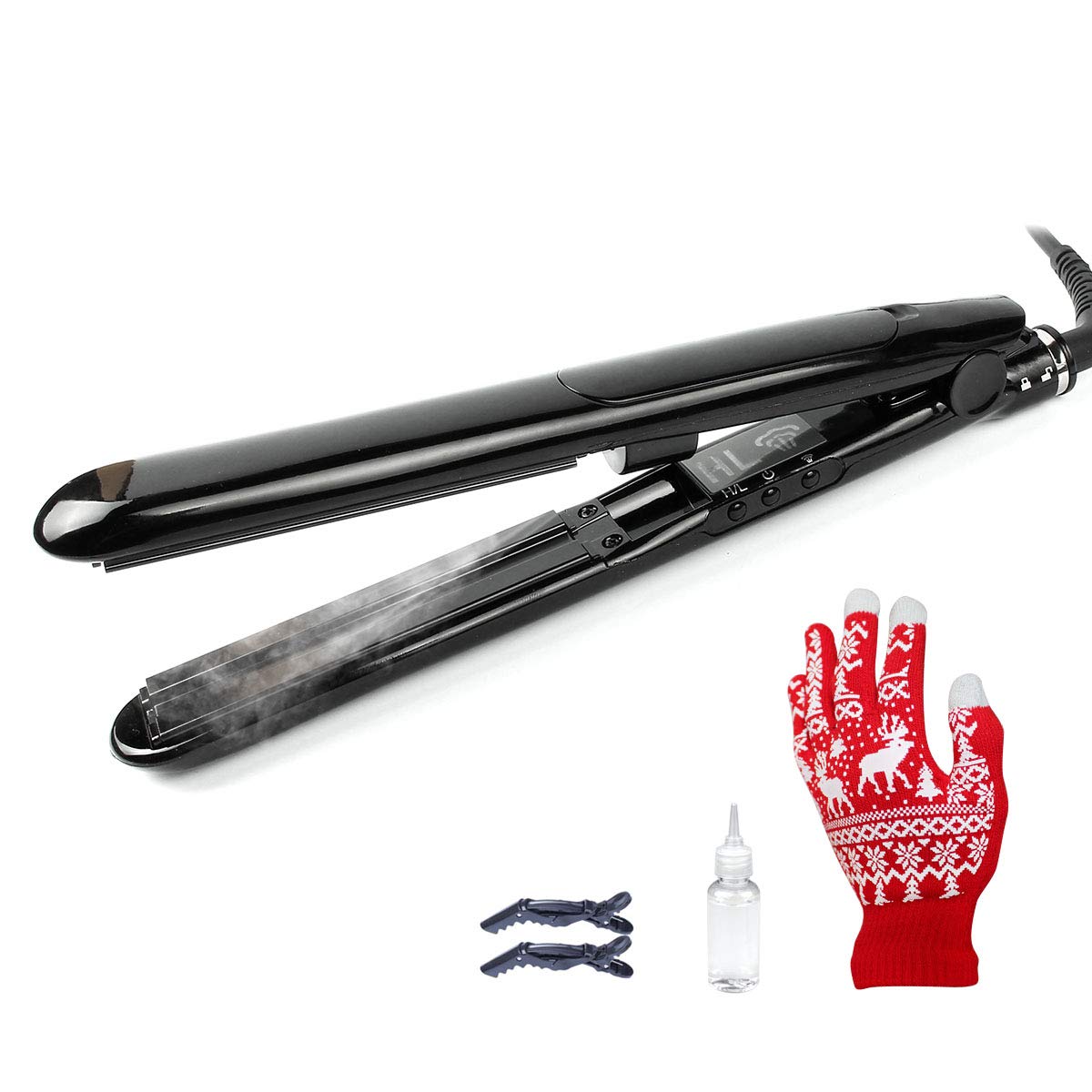 Lightweight Flat Iron Black Natural Hair with Steam Hair Straightening and Floating Plate Curling iron-Fast Heat Up