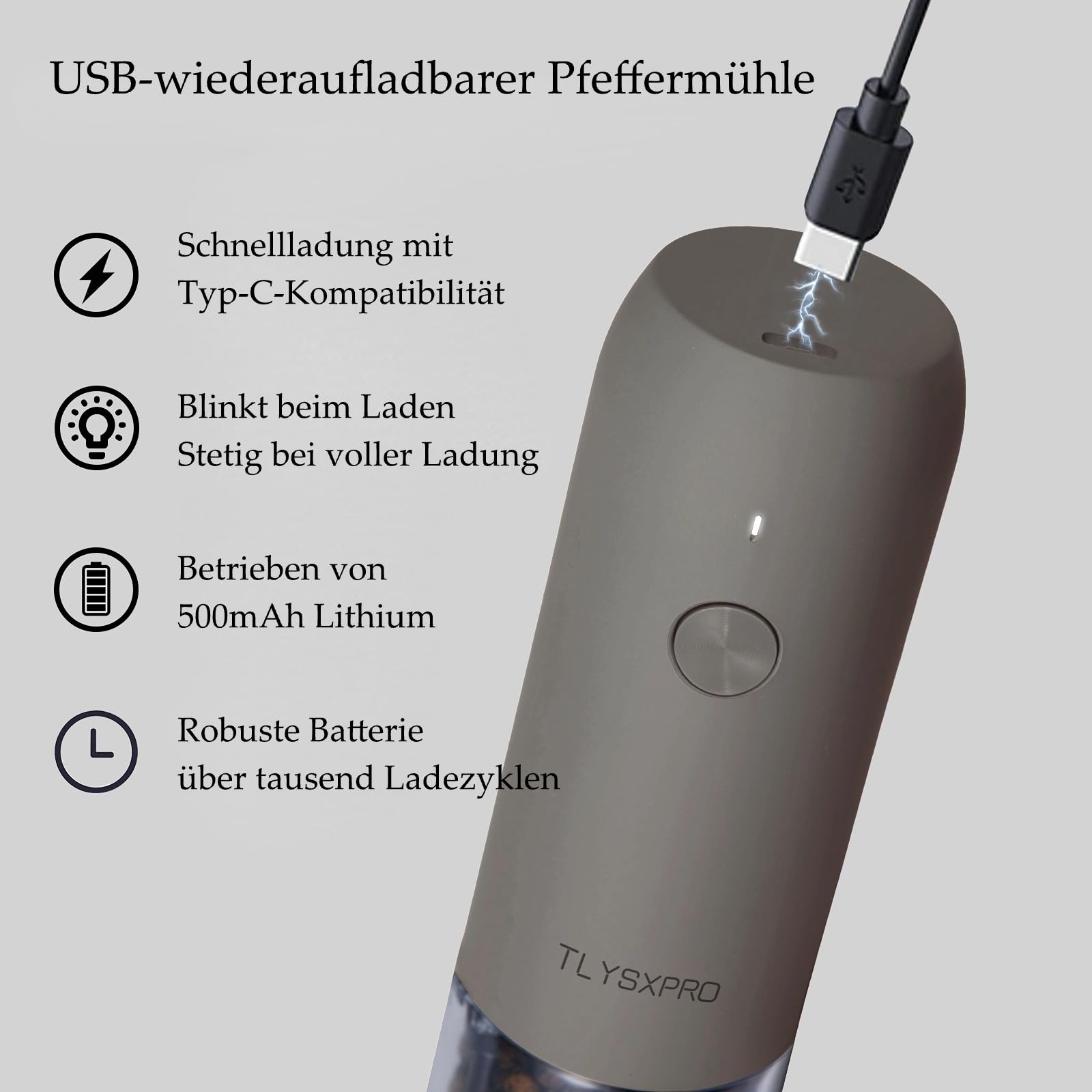 TLYSXPRO Salz und Pfeffermühle Elektrisch 2er Set, USB Wiederaufladbar, Einstellbarer Grobheit Gewürzmühle, Pfeffermühle Elektrische mit LED-Licht, Reinigungsbürste, Küchengeräte, Greige
