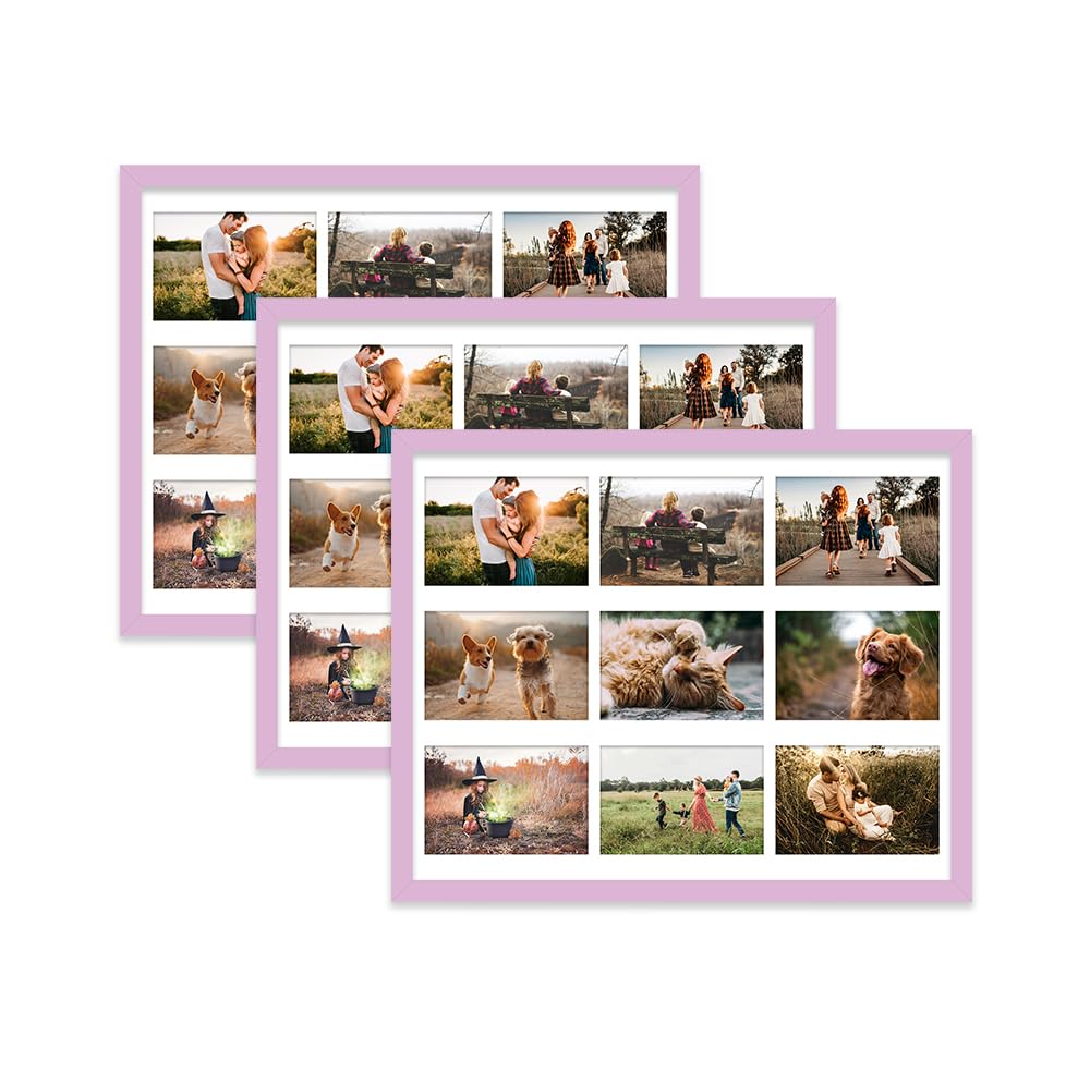 Lilac Multi Photo Frame - Holds 9 x 6x4 Pictures, Family Collage Picture Frame for Wall Display, 20x16 Frame size, Set of 3