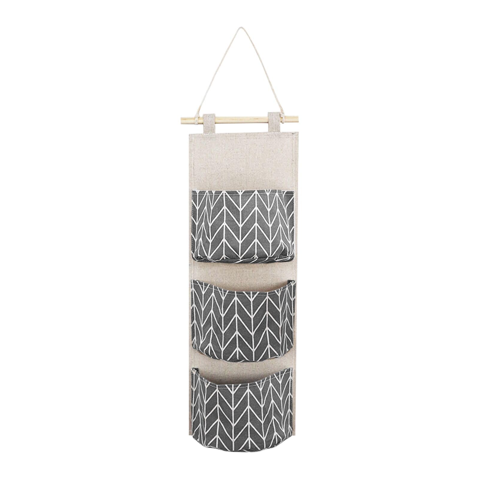 Set Da 2 Borse Portaoggetti Da Parete In Lino Con Tasche, Con Ganci, Struttura In Metallo, Dimensioni 23.5x39.5x10 Cm, Colore Grigio, Per Organizzare Cucina E Camera