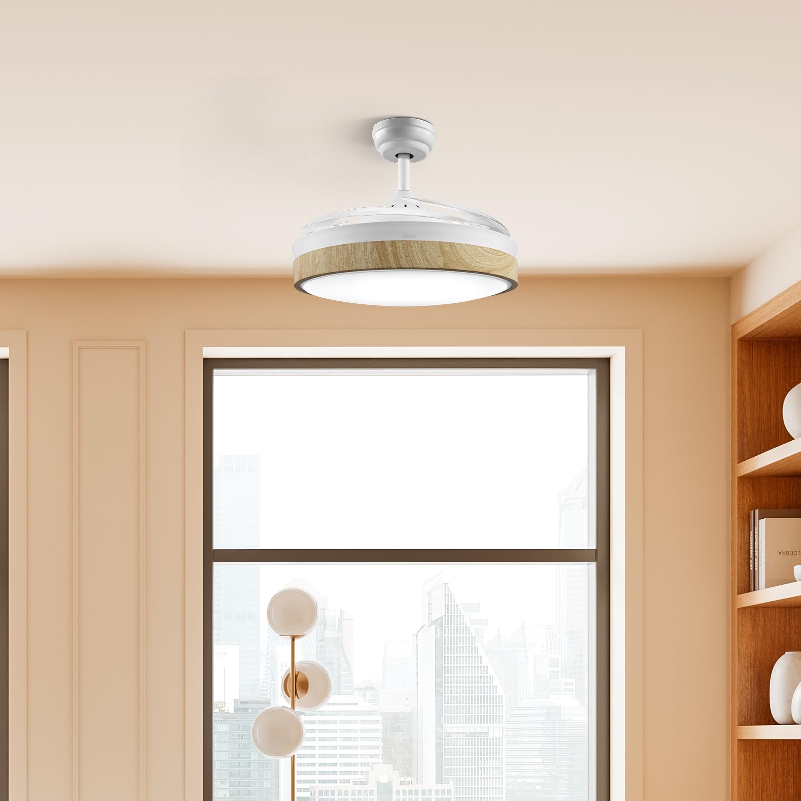 Ufesa Ventilador de Techo Seoul, Motor DC 40W, Silencioso y Eficiente, 106cm, Luz LED Integrada 48cm, 4 Aspas Retráctiles, 3 Tonos de Luz, 6 Velocidades, Temporizador, Mando a Distancia, Blanco/Madera