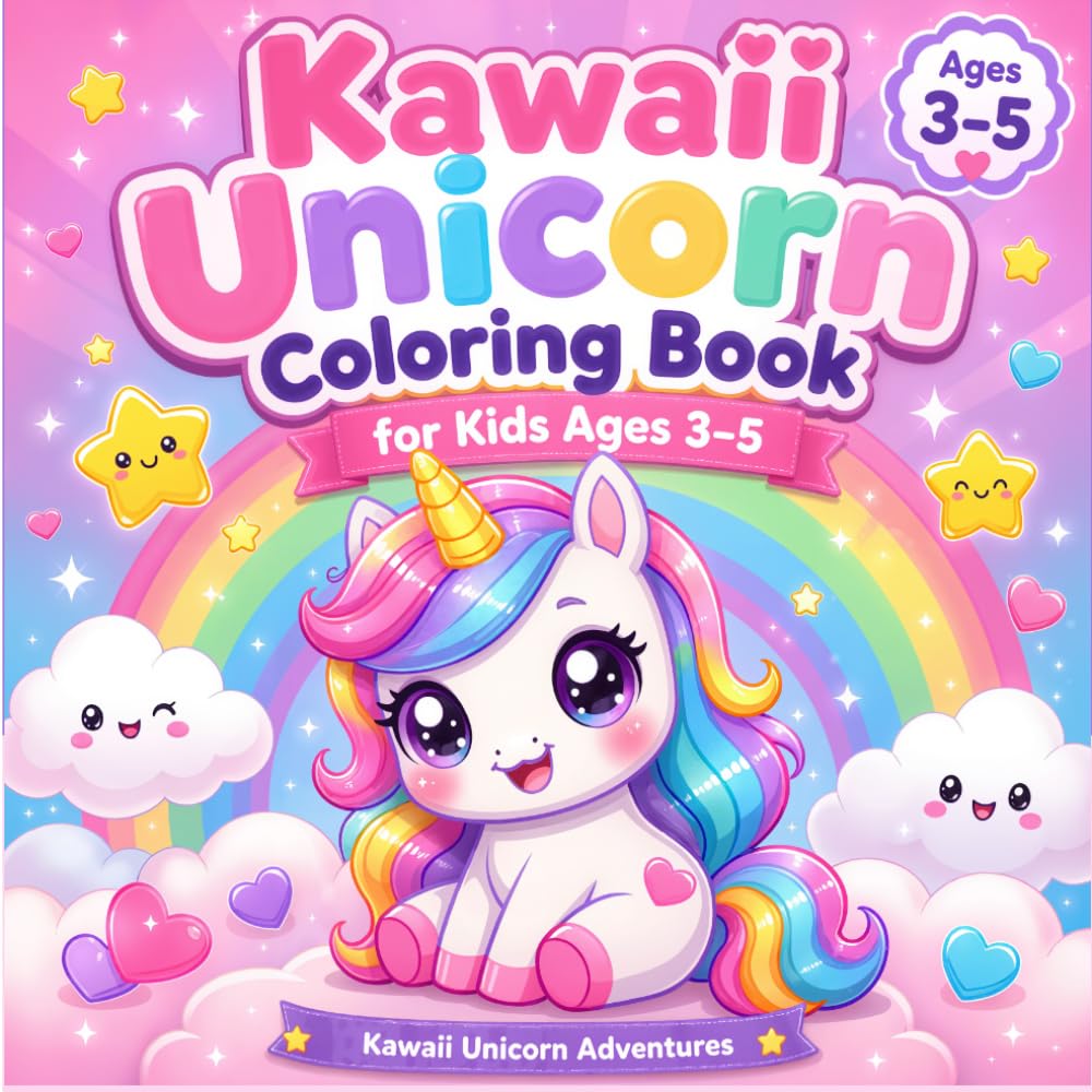 Kawaii Unicorn Coloring Book for Kids Ages 3–5: Cute Magical Unicorns, Rainbows & Fun Coloring Pages for Girls and Toddlers