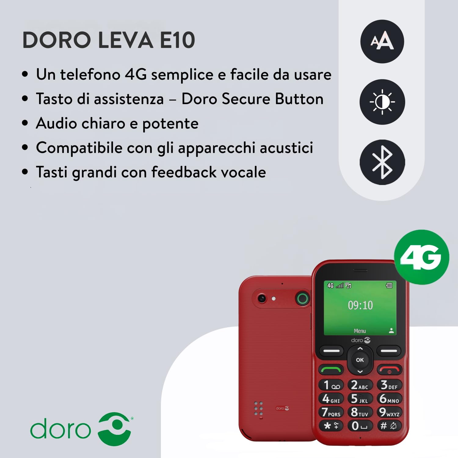 Doro - Telefono Leva E10 - Cellulare Per Anziani - Display Orizzontale 2,4", Tasti Alto Contrasto, Audio Forte e Chiaro, HD Voice, Fotocamera, Pulsante Secure - Base di Ricarica - Rosso