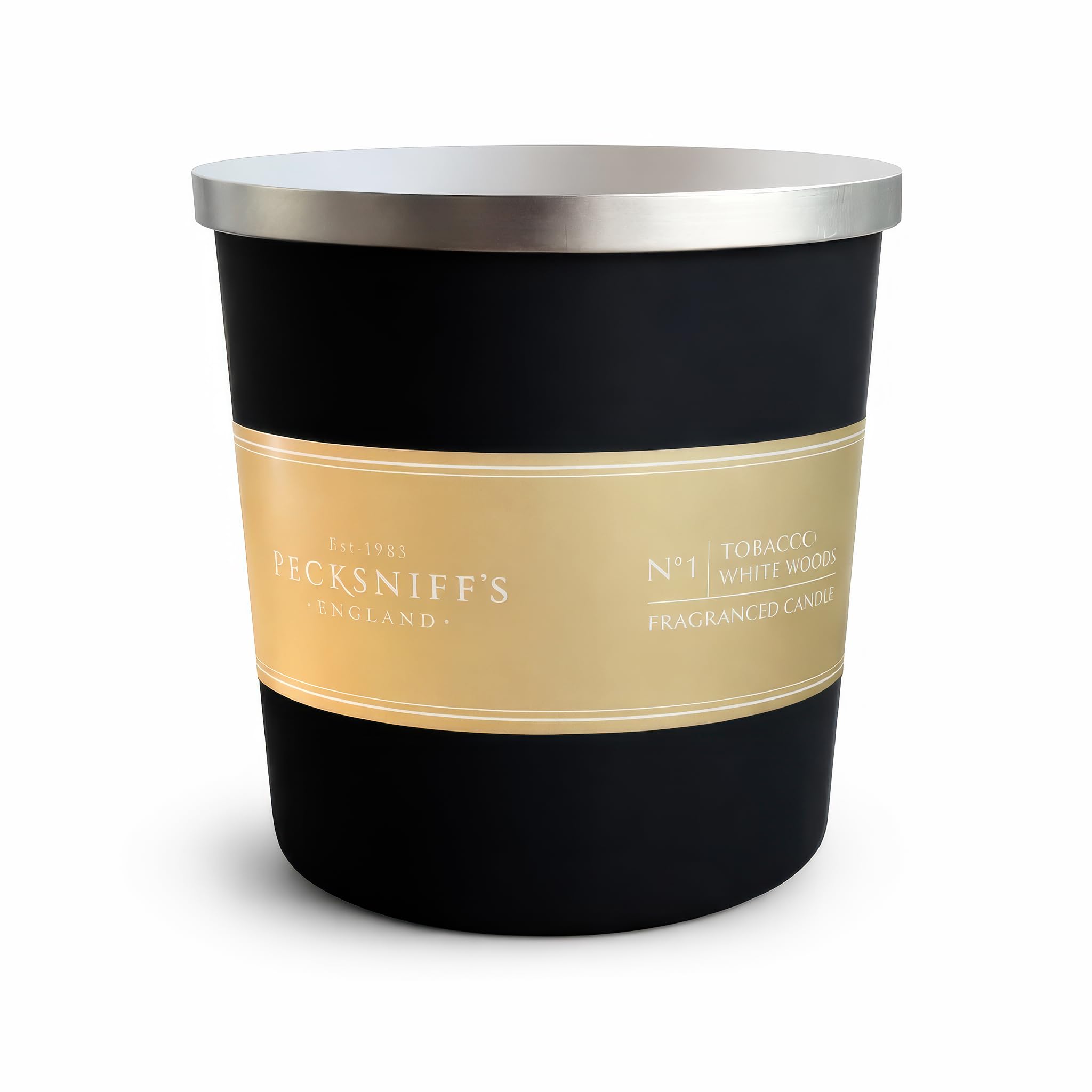 Pecksniff's Black Luxurious 3-Wick Tobacco & White Wood Scented Candle – 18.1 Oz/515g – with Metal Lid Relaxation and Elevated Home Ambiance