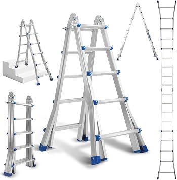 Eulenke Telescopic Ladder 5.13 m 4 x 5 Rungs Multi-Purpose Ladder Aluminium Ladder 4-in-1 Folding Ladder 150 kg Load Capacity Ladder Step Ladder Sliding Ladder