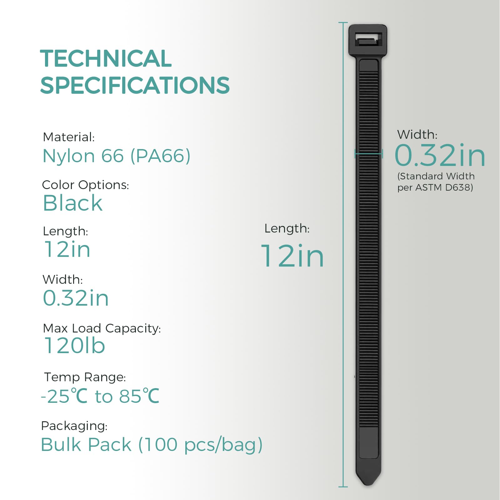 Heavy Duty Nylon Cable Zip Ties 12 Inch 100 Pack,Black Self-Locking UV Resistant, 120lb Tensile Strength for Indoor & Outdoor Use, Wire Ties for Home, Office, Garden, Automotive