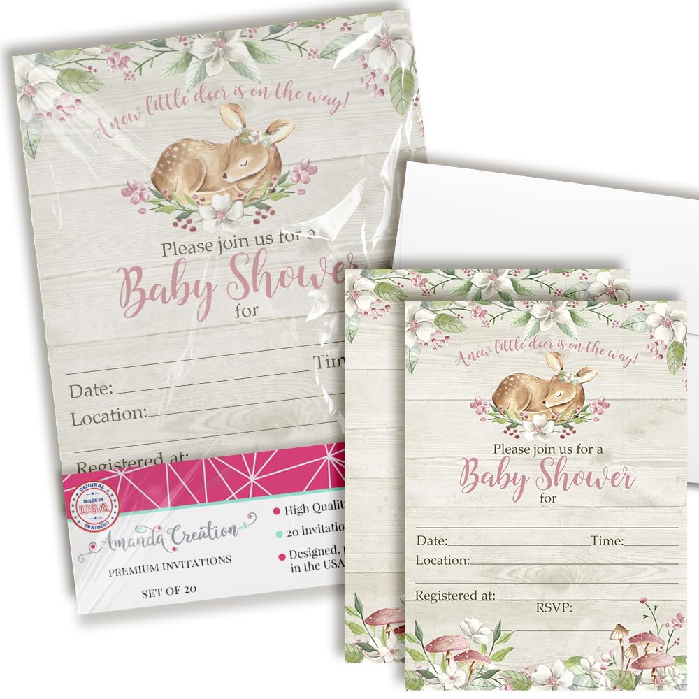 Elegant Watercolor Little Deer Woodland Floral Theme Baby Shower 20 Invitations 5"x7" Fill-in Cards with Envelopes, Girls Party Stationery Set, Made