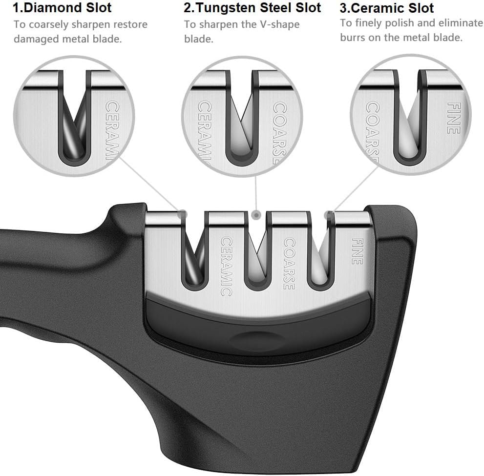 Image of WELLUCK Knife Sharpener Manual 3 Stage Knives Sharpner Tool Advanced Knife Sharpener for Kitchen Knife Sharpner Knives Sharpening Tool for Steel Knives (Black)