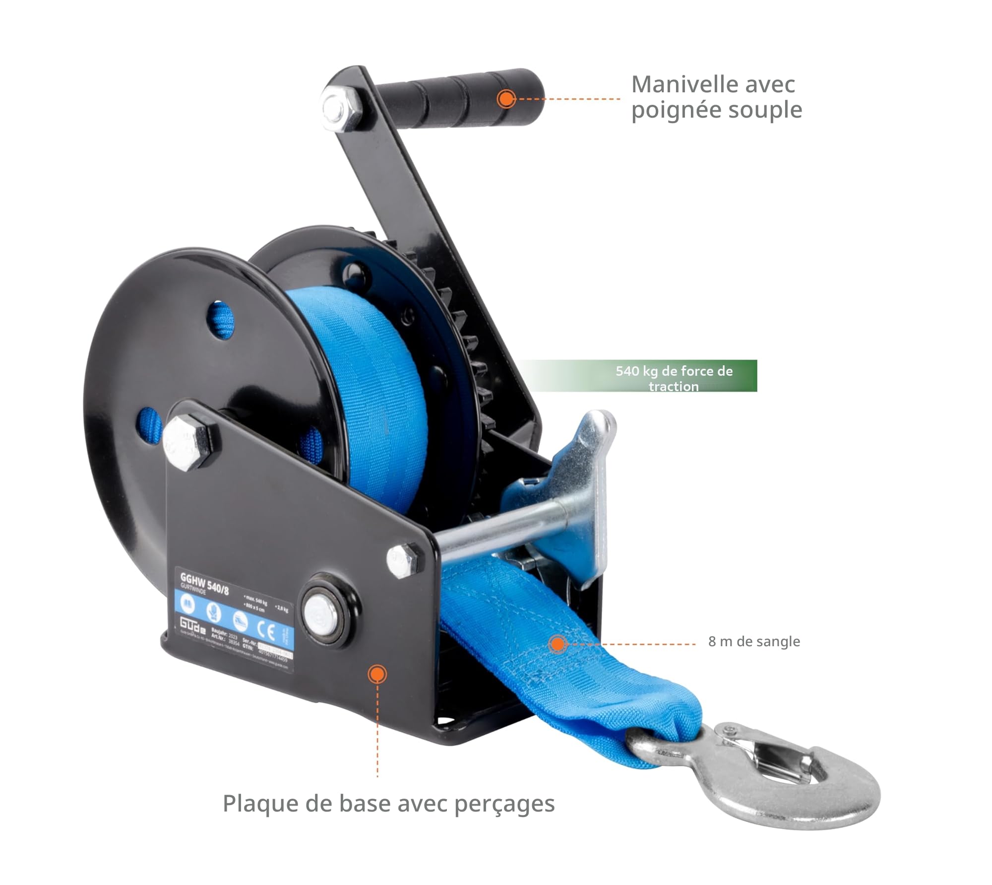Güde Treuil de sangle GGHW 540/8 (force de traction maximale 540 kg, longueur de sangle 8 m, largeur de sangle 5 cm, crochet de charge avec ouverture goutte, levier de verrouillage, manivelle avec