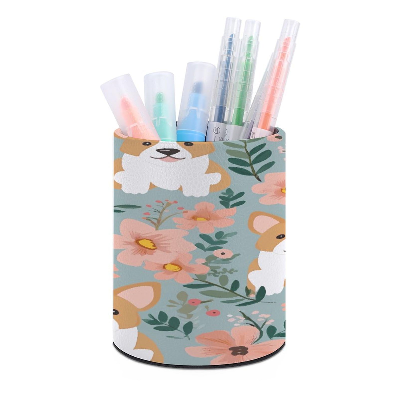 MUSM Corgi Floral Flowers Spring Garden Pen Holder Large Capacity Pen Holder Modern PU Pencil Holders Durable Waterproof Pens Cup for Home Office Desktop Organizer
