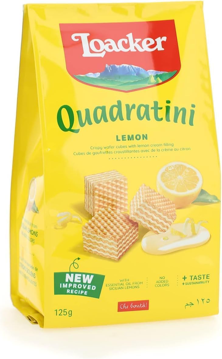 Loacker, Quadratini Lemon, Cubetti da Mangiare in un Boccone, con Cinque Strati di Croccanti Cialdine Wafer e Quattro di Crema al Gusto Limone, Snack Dolci per Colazione, 12 Sacchettini Richiudibili