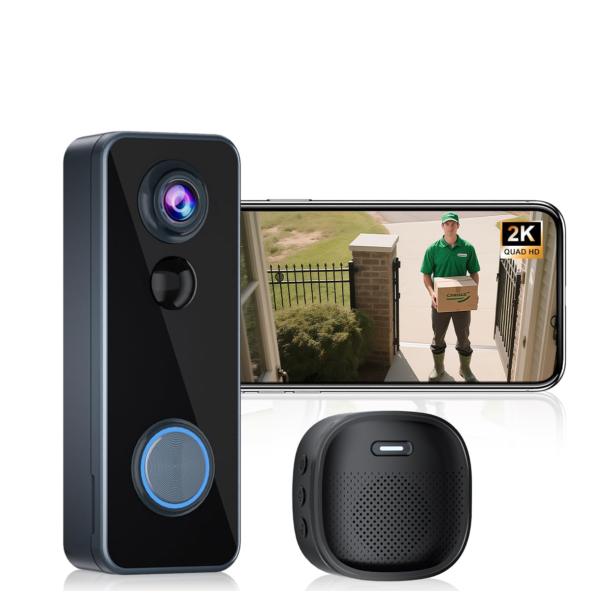 Timbre de video inalámbrico con timbre de cabeza a pies 2K HD Smart WiFi Timbre de puerta con cámara de detección de movimiento funciona con pilas, visión nocturna, tarjeta SD de audio bidireccional y