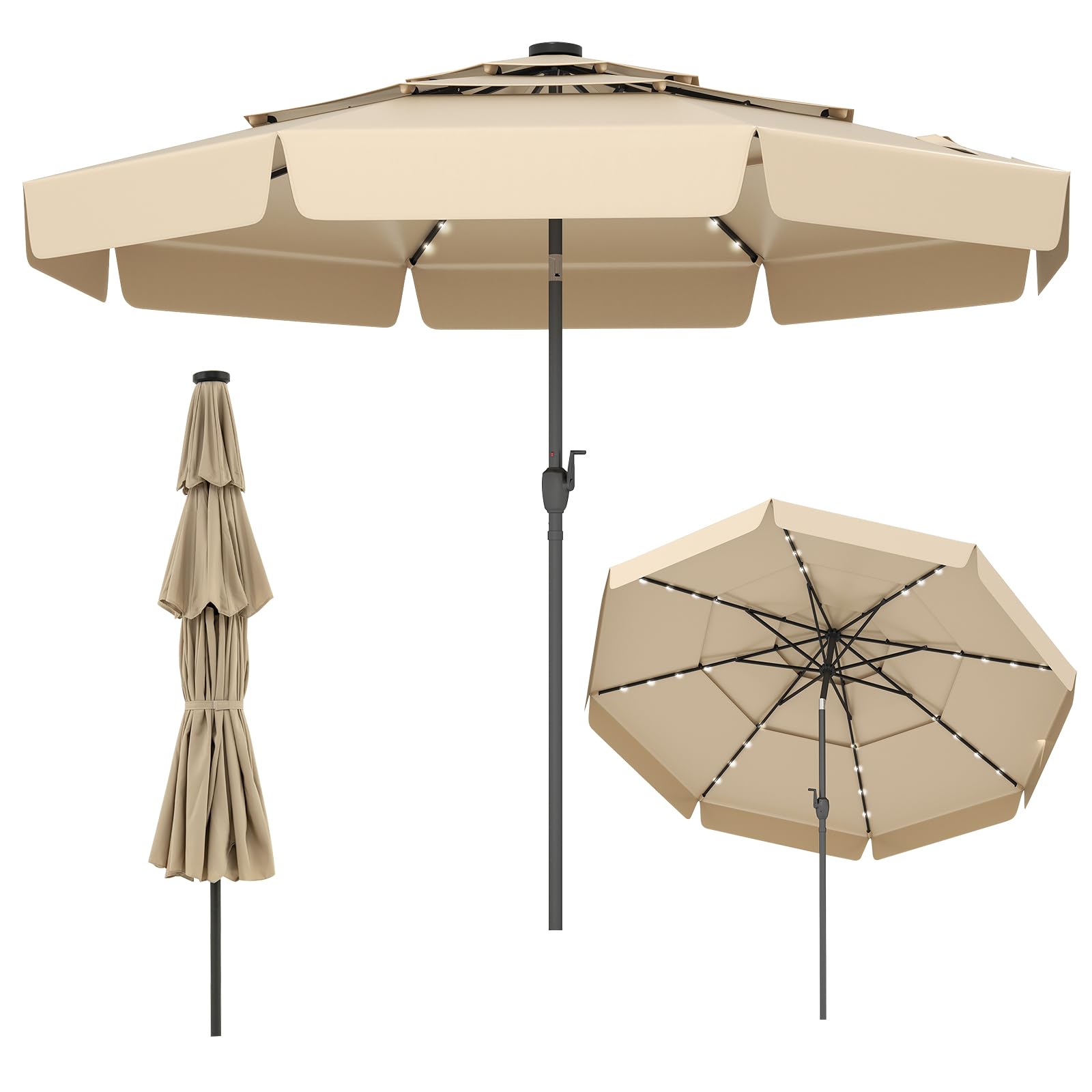Tangkula 10 FT Solar LED Patio Umbrella, 3-Tiers Scalloped Outdoor Table Market Umbrella with 32 LED Lights, Tilt Adjustment, Crank, 8 Sturdy Ribs for Pool, Deck, Backyard (Beige) : Patio, Lawn & Garden