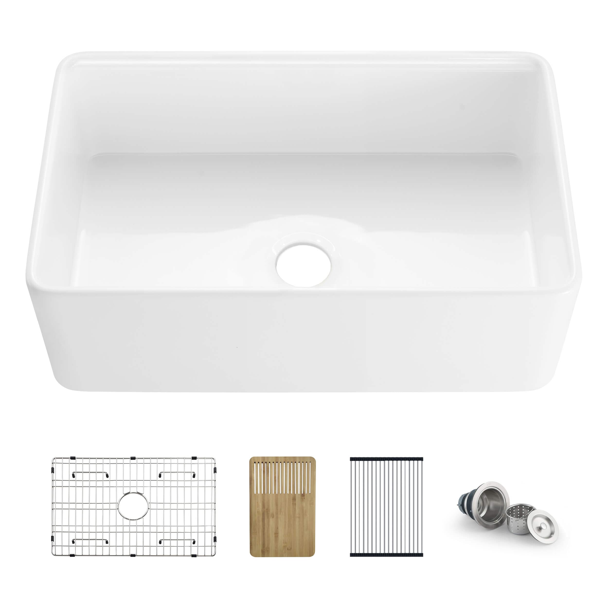 KIBI K2-SF30T Single Bowl Heat Safe Glazing Fireclay Farmhouse Kitchen Workstation Sink 30 inch with Bottom Grid, Strainer, Bamboo Cutting Board and Roll Up Tray, (Pure series) (White)