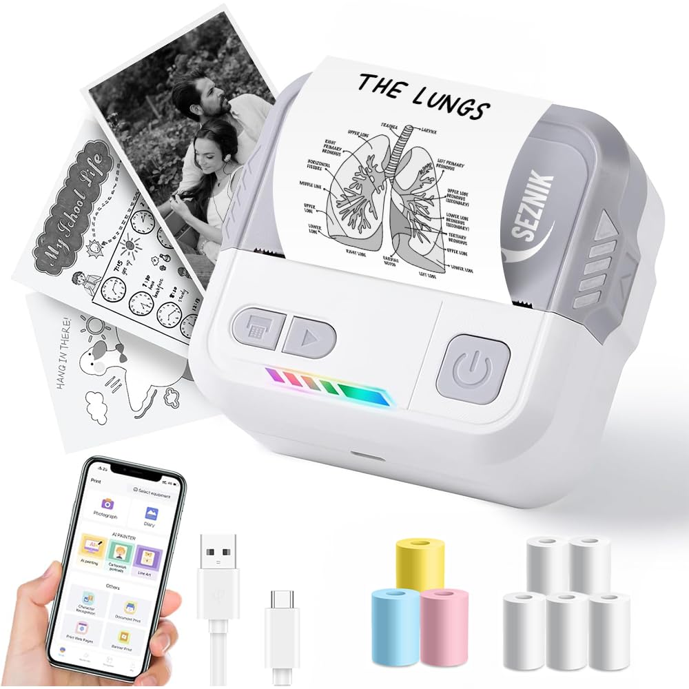 SEZNIK Mini Printer, Inkless, Thermal, Bluetooth, Portable Printer, Compatible Android, iOS Mobile. 1 Year Warranty (Echo-StoneGrey)