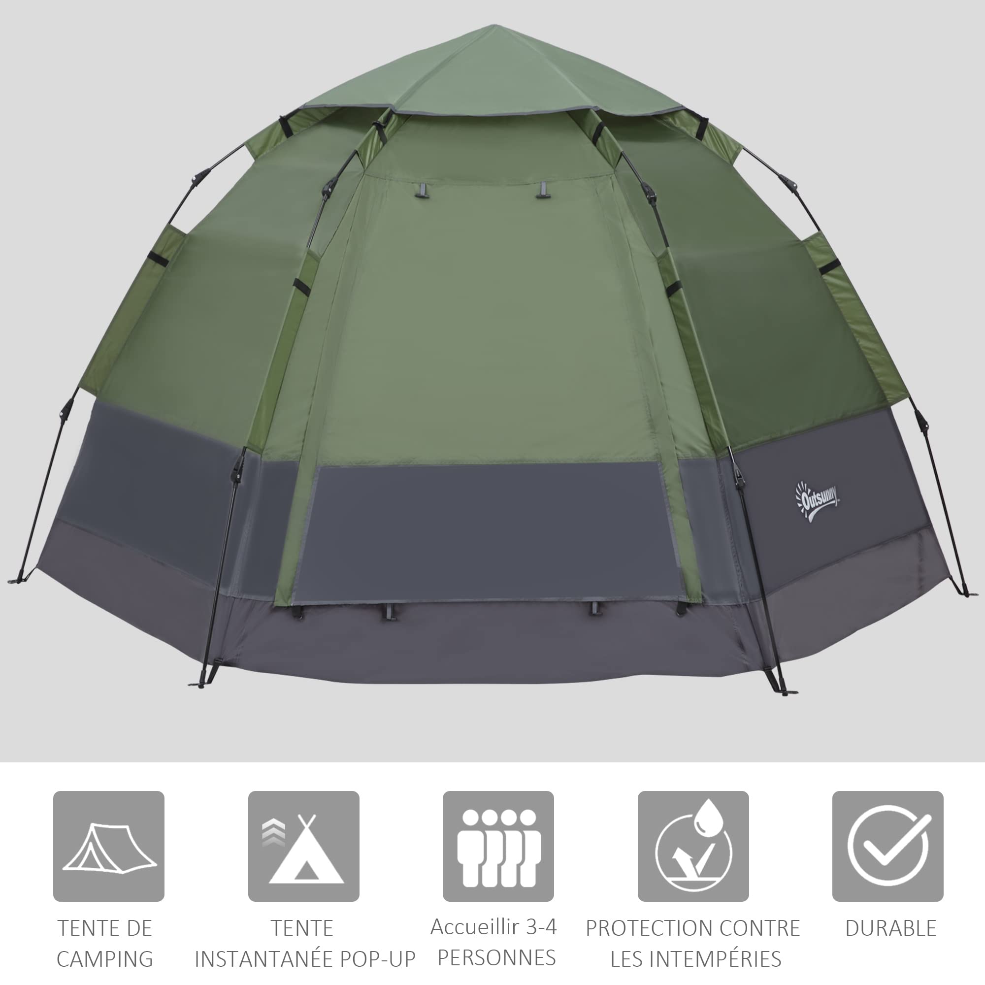 Outsunny Tente Pop up Montage instantané - Tente de Camping 3-4 pers. - 2 Grandes Portes - dim. 2,6L x 2,6l x 1,5H m Fibre Verre Polyester Oxford