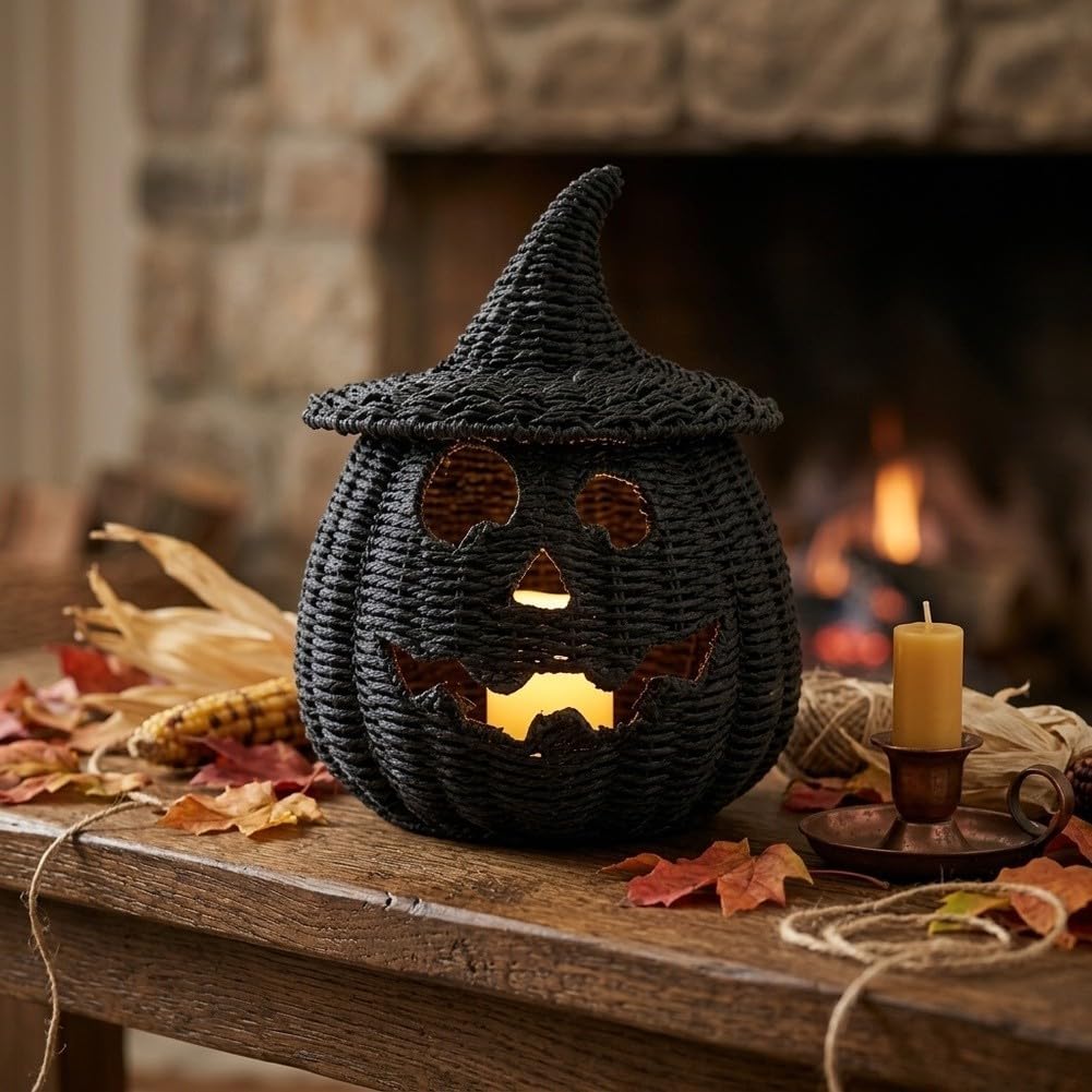 Lanterna di Halloween in tessuto di paglia con Jack-o-Lantern (zucca