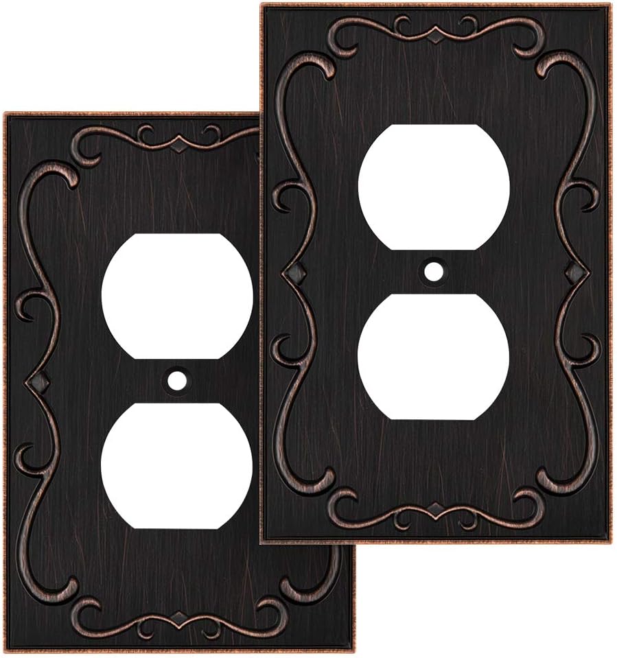 French Cabriole Decorative Wall Plate Switch Plate Outlet Cover (Single Duplex, 2 Pack, Aged Bronze)