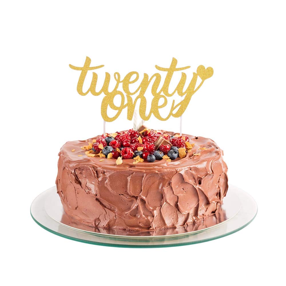 YUINYO Tortenaufsatz Zum 21. Geburtstag – Champagner-Motiv, Goldglitzernd, Kuchen-Deko Für Die Party