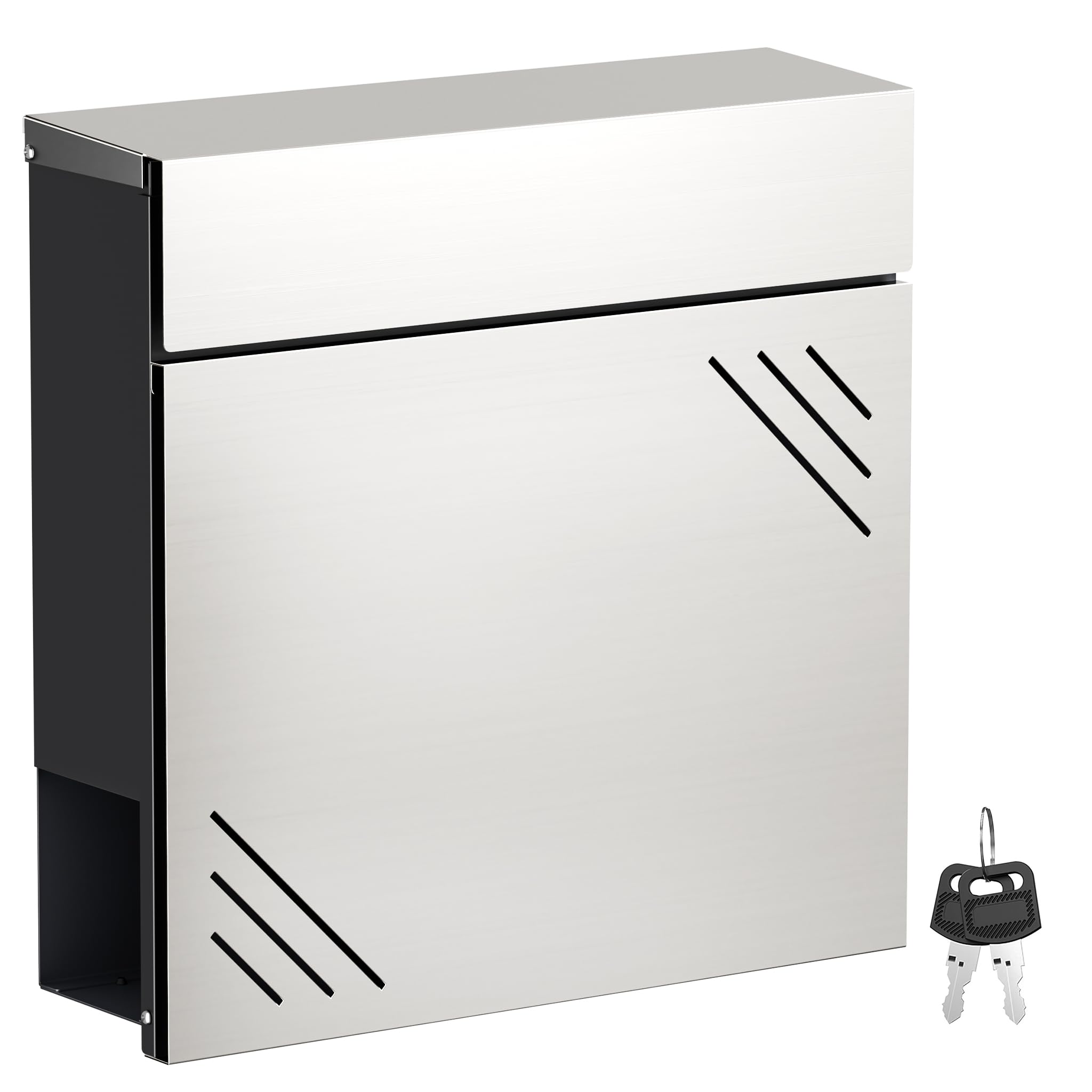 Wiltec Buzón de Pared V63 de Acero Inoxidable 37 x 11 x 37 cm, con Compartimento para periódicos y Llave