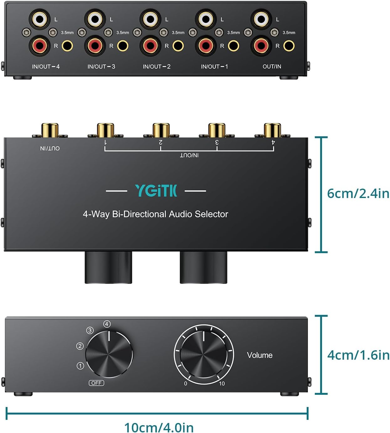 4-Way Stereo Audio Switcher 4-in-1-Out/ 1-in-4-Out Bi-Directional 3.5mm Aux & RCA L/R Audio Switch Selector Box with Off Button for Speaker Headphones Amplifiers CD Player Turntable Computer