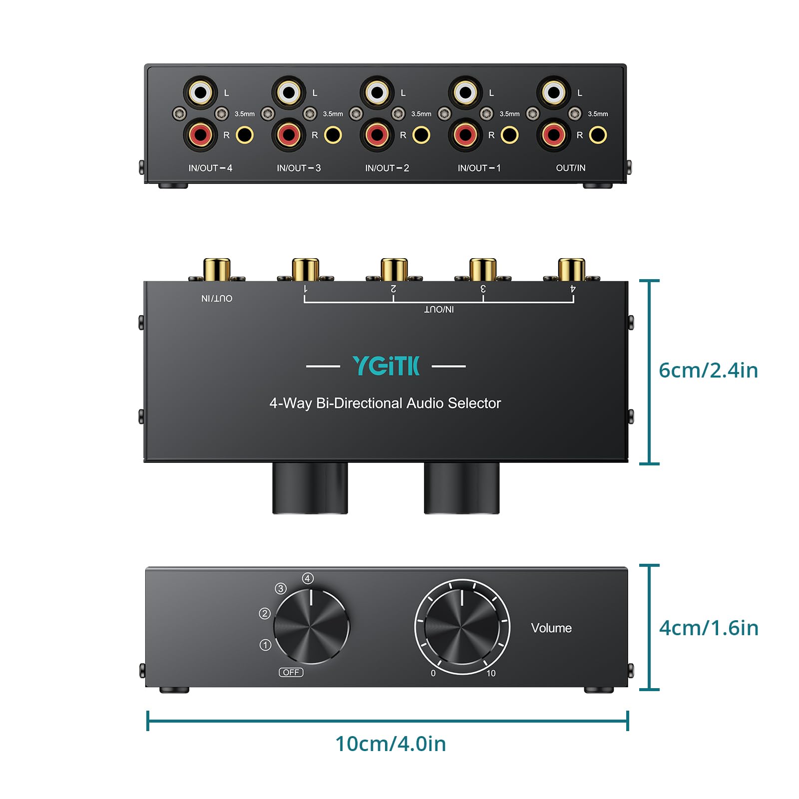 Commutateur Audio Bi-Directionnel 3.5mm & RCA, 1x4 / 4x1 Sélecteur Audio avec Bouton Off et Contrôle du Volume, Convertisseur Audio Passif pour Haut-Parleurs, Casques, Amplificateurs