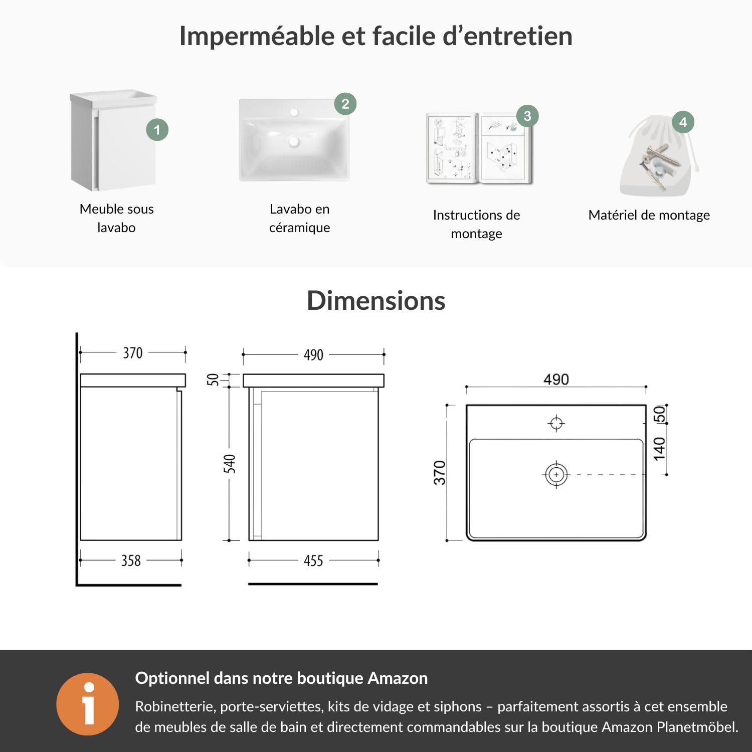 Planetmöbel lavabo avec Meuble Bas 50 cm, Meuble sous-Vasque Suspendu, Fermeture amortie, Ensemble de Meubles de Salle de Bain, Blanc