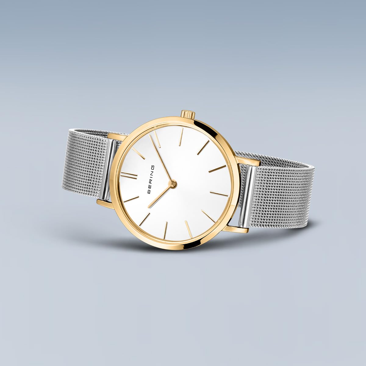 BERING Damski zegarek kwarcowy, zegarek na rękę, 34 mm, złota koperta ze stali nierdzewnej i biały cyferblat, bransoleta mediolańska, szkło szafirowe, 3 ATM, 14134-010