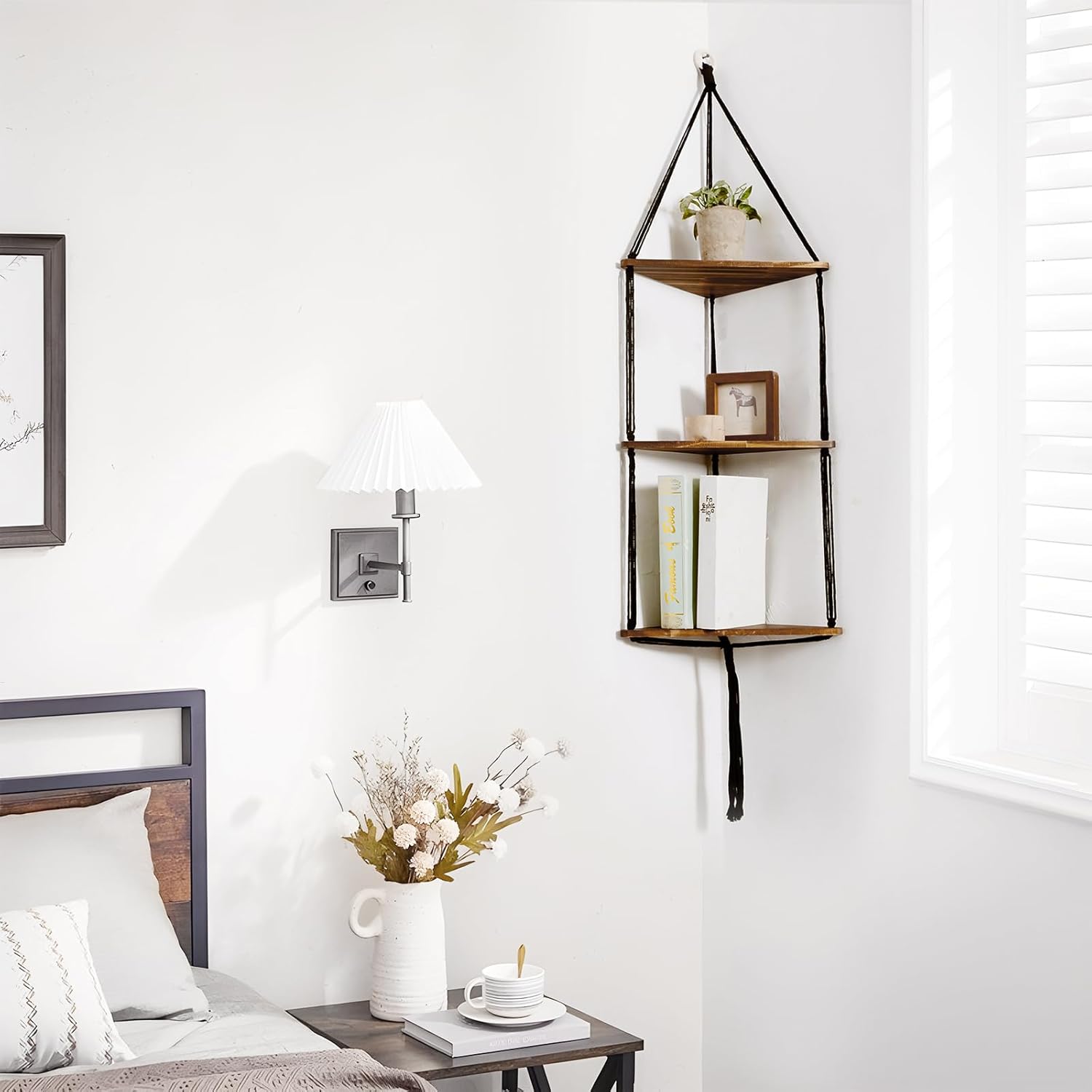 Artilady Macrame Corner Shelf Wall Hanging - 3 Tier Black Floating Shelves Plant Corner Wall Decor, Boho Rustic Wooden Plant Storage Rack for Bedroom Living Room Bathroom