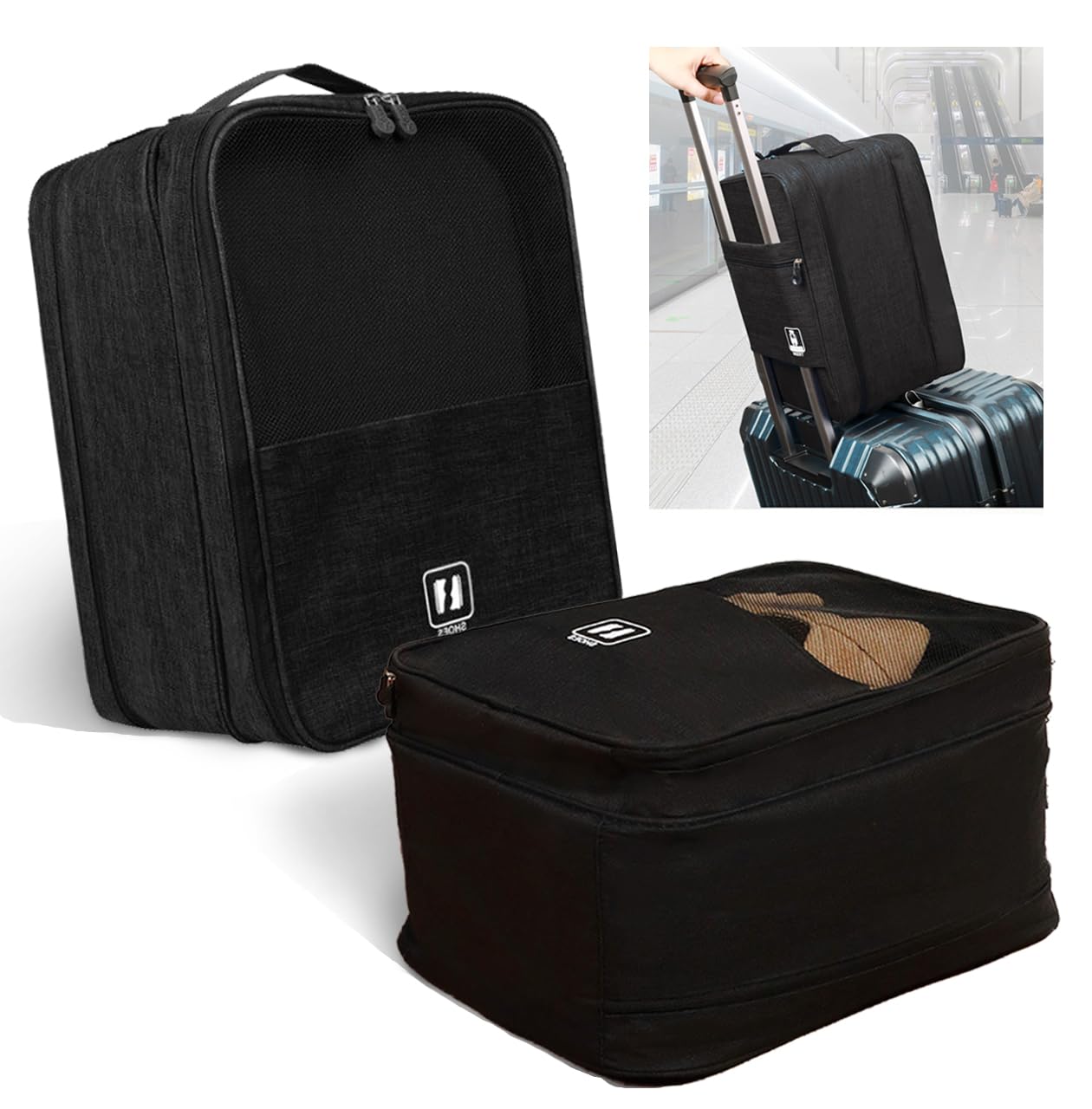 2er Schuhtasche Reise (35 * 26 * 21CM) Schuhbeutel wasserdichte Schuh Speicher Organizer Schuhsack für Trolley Reise Koffer Mit Reiß Verschluss Schuhaufbewahrung schwarz (schwarz)