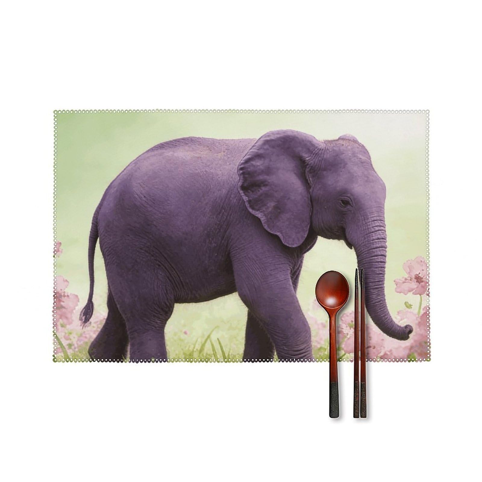 Purple Elephant Placemats Set of 6, 12x18 Inch Heat Resistant Washable Canvas Table Mats, Stain Resistant Decorative Dining Placemats for Kitchen, Restaurant, Outdoor Party
