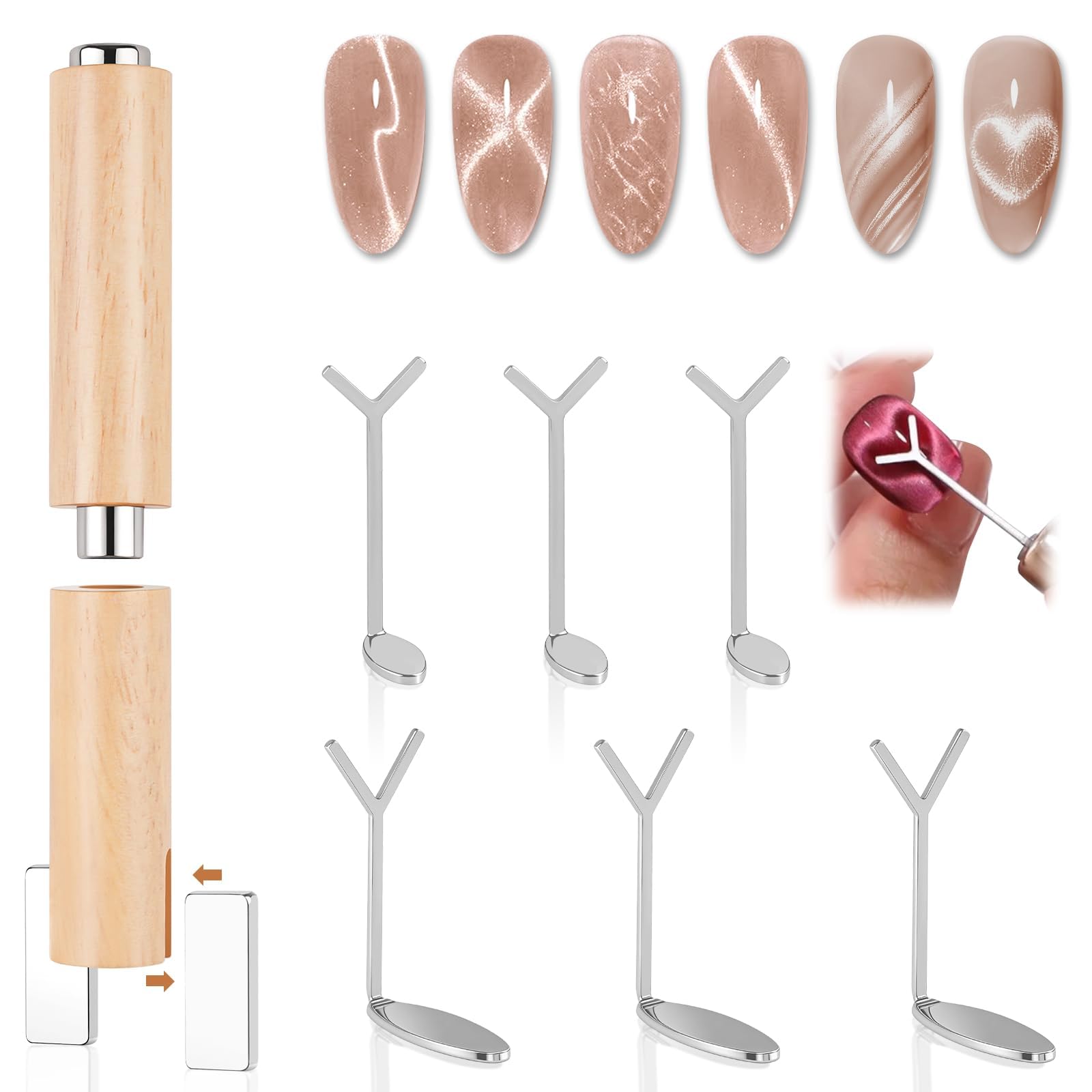 EBANKU 6 in 1 Cat Eye Nail Magnet Tool Set, 6PCS Heart Magnet with Y-Shaped Guide for Cat Eye Gel Polish, Magnetic Nail Art Tool for French Stunning Cat Eye Effect, DIY Manicure Kit