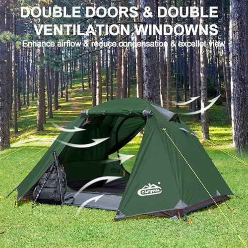 Image of 2-3 Person Backpacking Tent with Double Door 2 Vestibule, Waterproof Windproof Lightweight Easy Set Up 3 Season 2 Man Two Person Tent for Camping, Hiking, Motorcycle, Mountaineering with UPF 50+