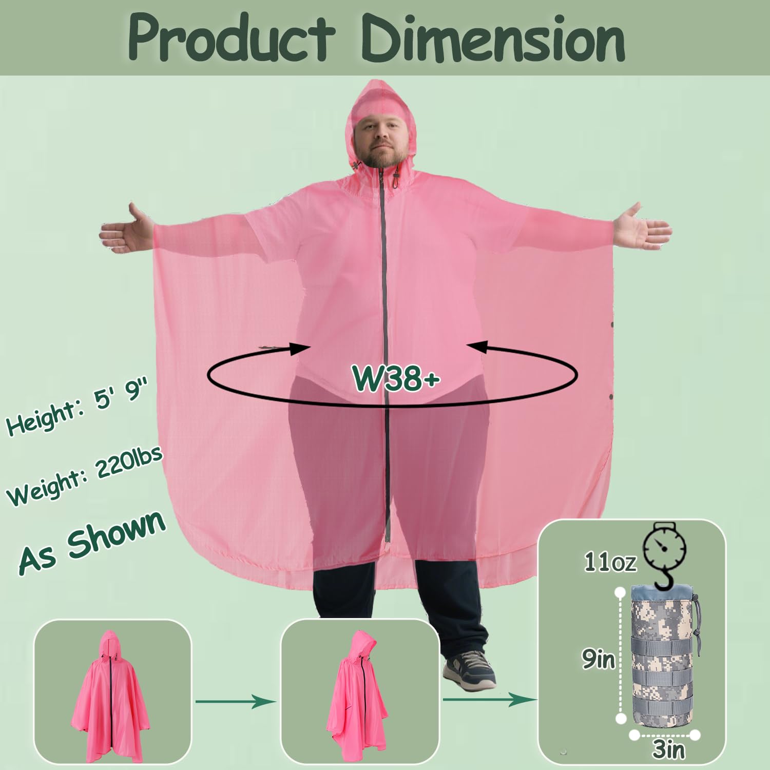 Poncho de lluvia para adultos de talla grande con capucha y cremallera, poncho para Lluvia, poncho táctico para adultos para camping, senderismo