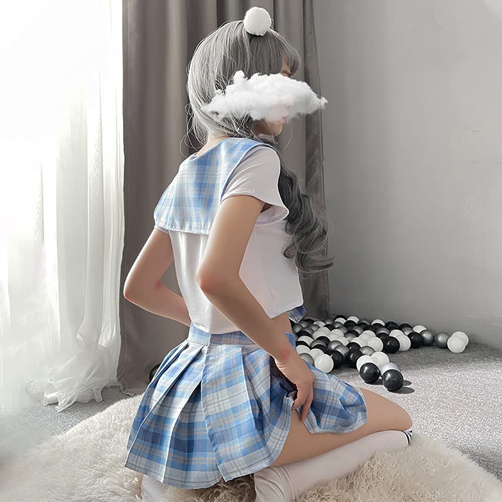 Schoolgirl Outfits Japanese Plaid Pleated Skirt JK Uniform Cosplay Lingerie: 7039white Blue