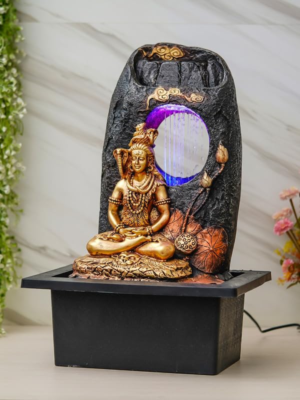 Image of CHRONIKLE Golden Brown Polyresin Tabletop Lord Shiv Indoor Water Fountain for Home Decor with LED, Speed ​​Control Pump (Size: 37 x 28 x 56 CM | Weight: 2900Gram)