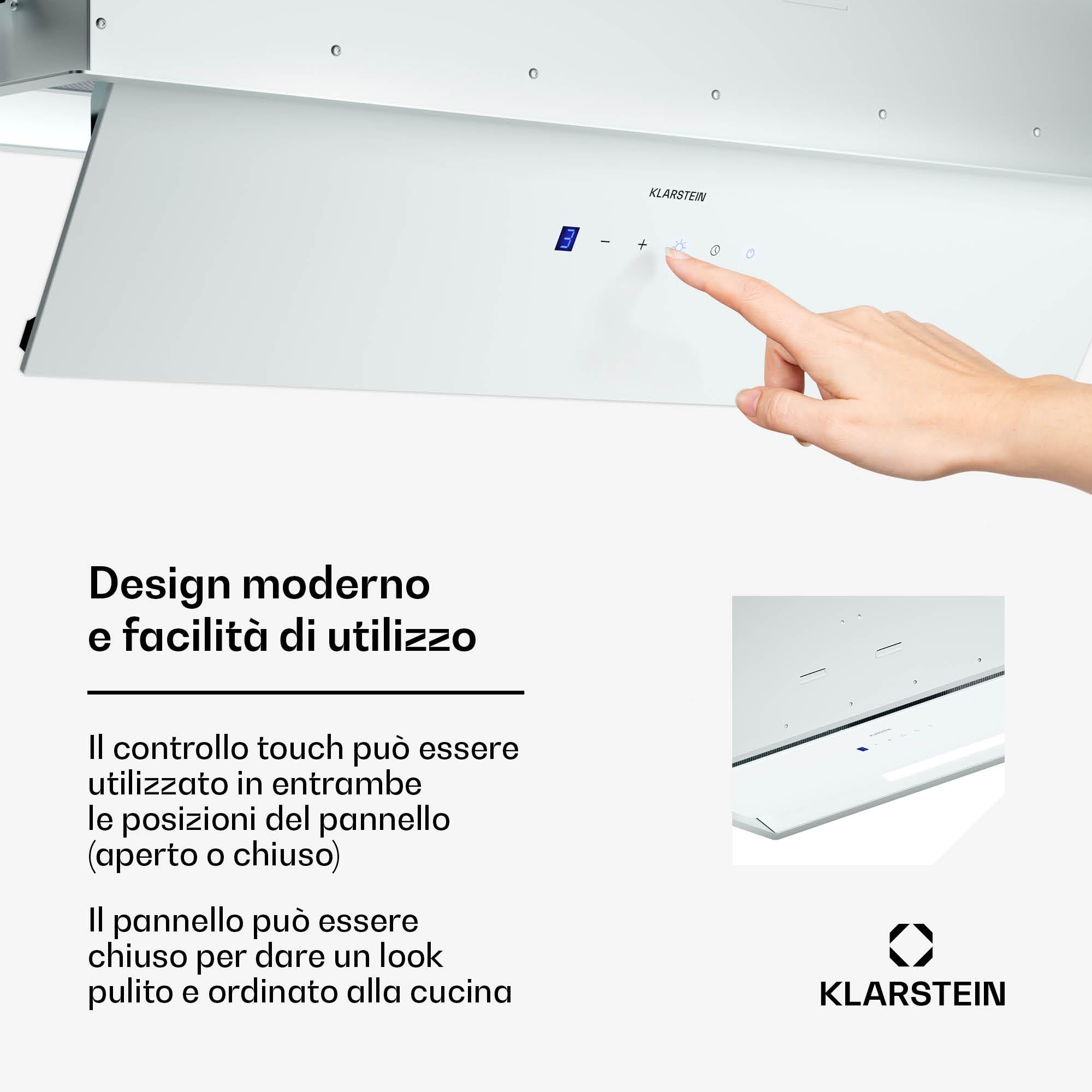 Klarstein Ventimate Cappa Incasso, 85cm Cappa Aspirante Cucina con Controllo Touch, 390 m³/h, Efficienza Energetica A+, Motore Silenzioso, LED, Filtro Carbonio per Ricircolo, Bianco