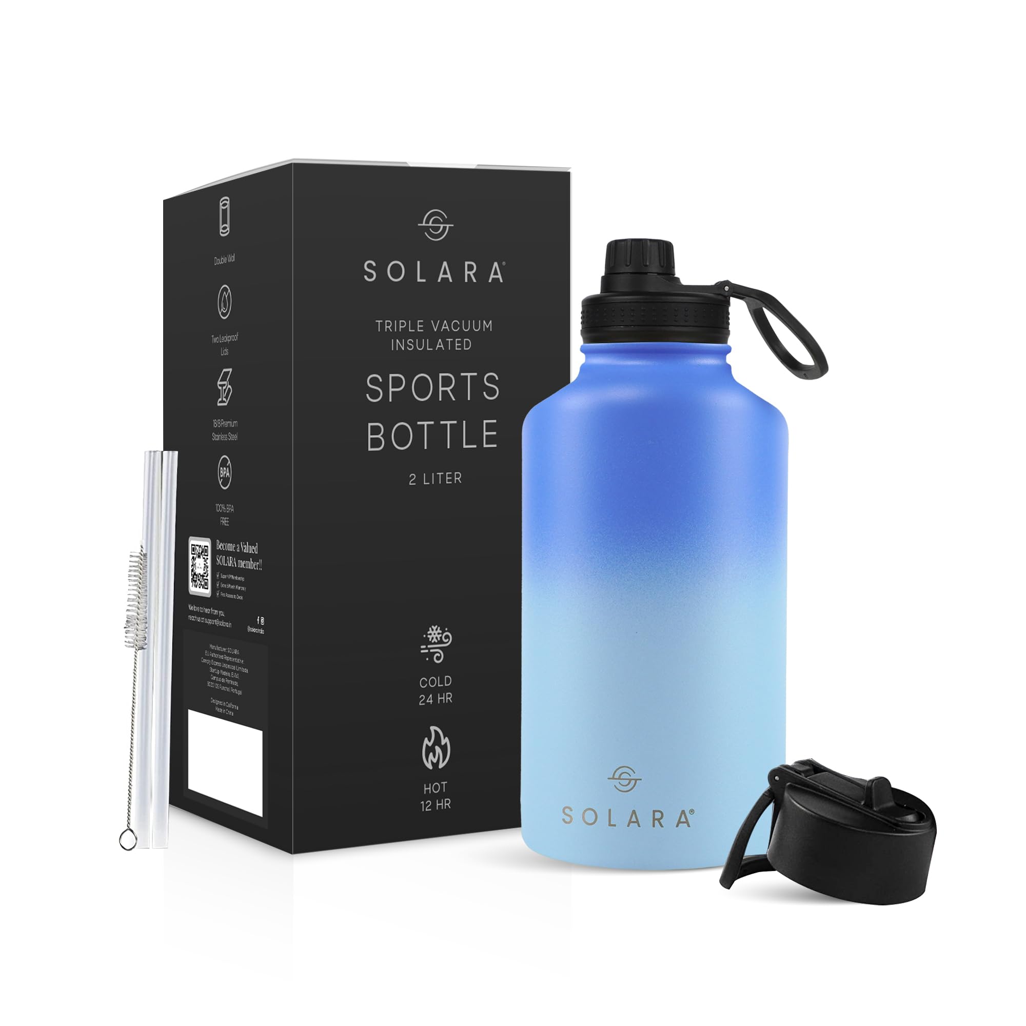 SOLARA Insulated Water Bottle 2000ml, Hot Water Bottle, Thermosteel Water Bottles for Travel, Home, Office, School, Gym, Adults, Water Bottle Hot and Cold, Sipper Bottle, Blue Wave
