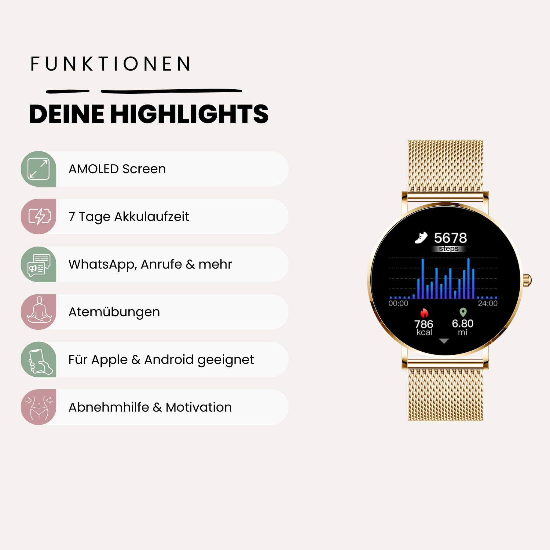 XCOAST Damen Smartwatch SIONA 2 Classic Gold 6.9mm flach AMOLED Display Fitness Tracker wasserfest