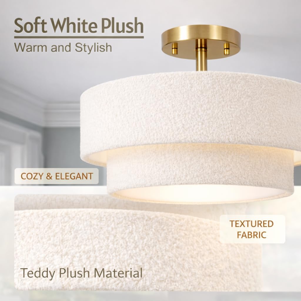 16.5'' Semi Flush Mount Ceiling Light, 3-Light Gold Ceiling Light Fixture with 2-Layer White Plush Shade, Farmhouse Drum Close to Ceiling Light for Living Room, Hallway, Bedroom, Kitchen, Dining Room