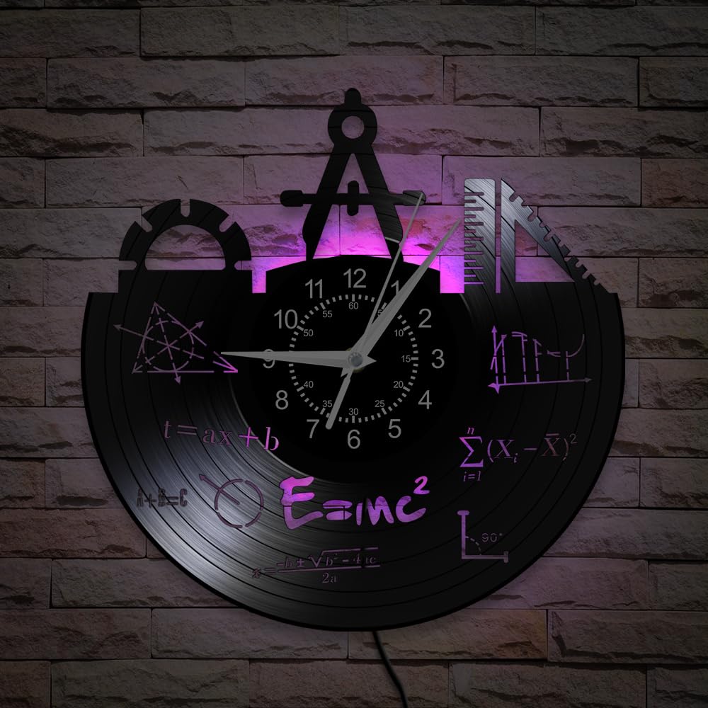 Timeglow Math Wall Clock, 7 Colors Luminous 12 Inch Mathematics Wall Clock Silent Quartz Non Ticking, Modern Decorative Night Light LED Vinyl Record Wall Clock Watch for School Classroom Math Teachers